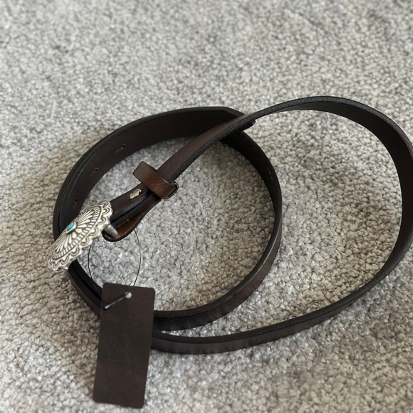 ? Genuine Leather Italian Brown Leather Belt with Silver and Turquoise Buckle main image 7